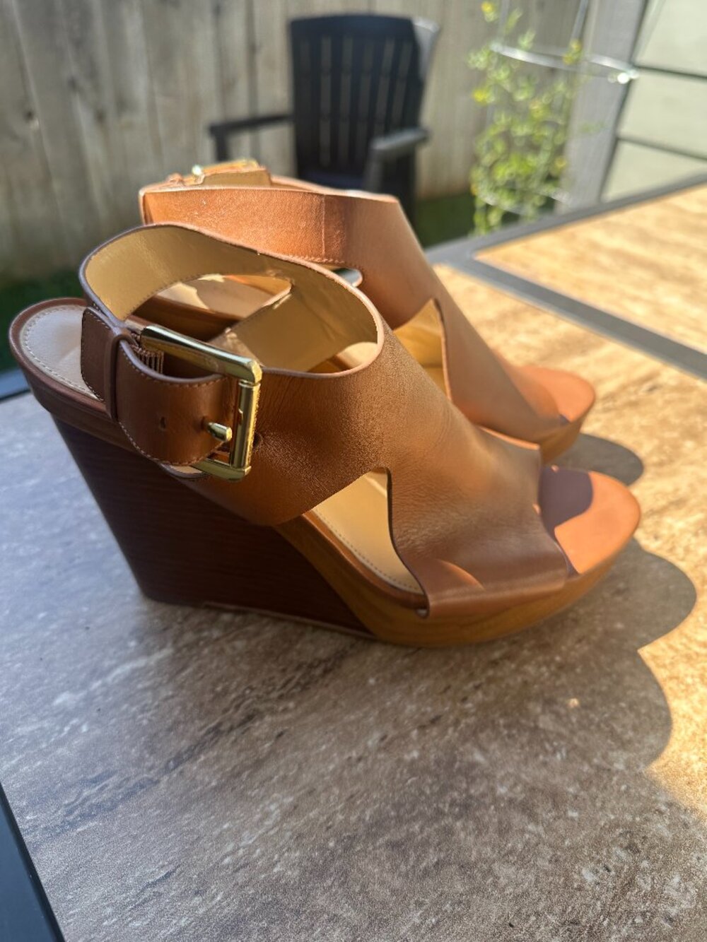 Michael Kors Josephine Leather Platform Wedge Sandals Brown Woodblock Women's 9.